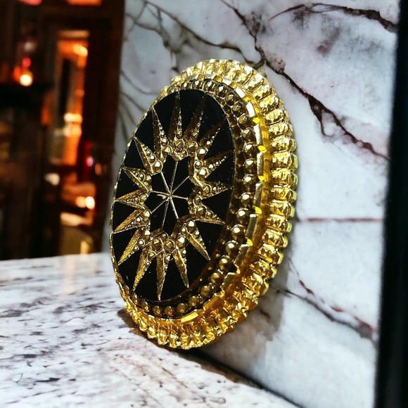 Vintage Victorian Revival Gold Tone Mourning Oval Atomic Brooch Black Glass Star